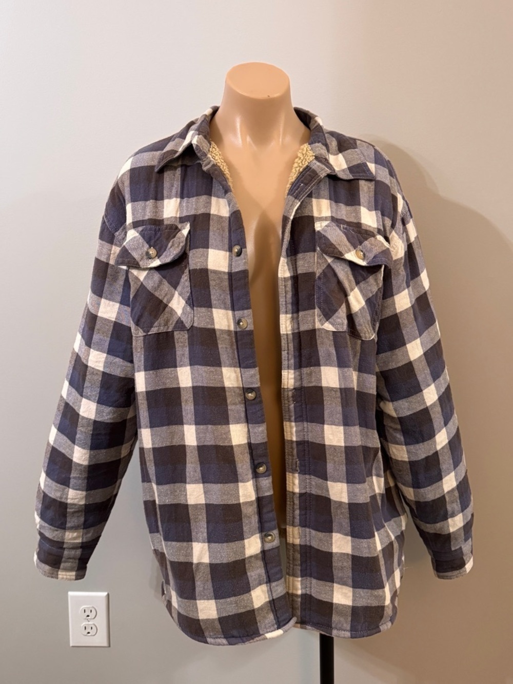 Wrangler Plaid Sherpa Jacket Shacket Men’s Large Blue Gray